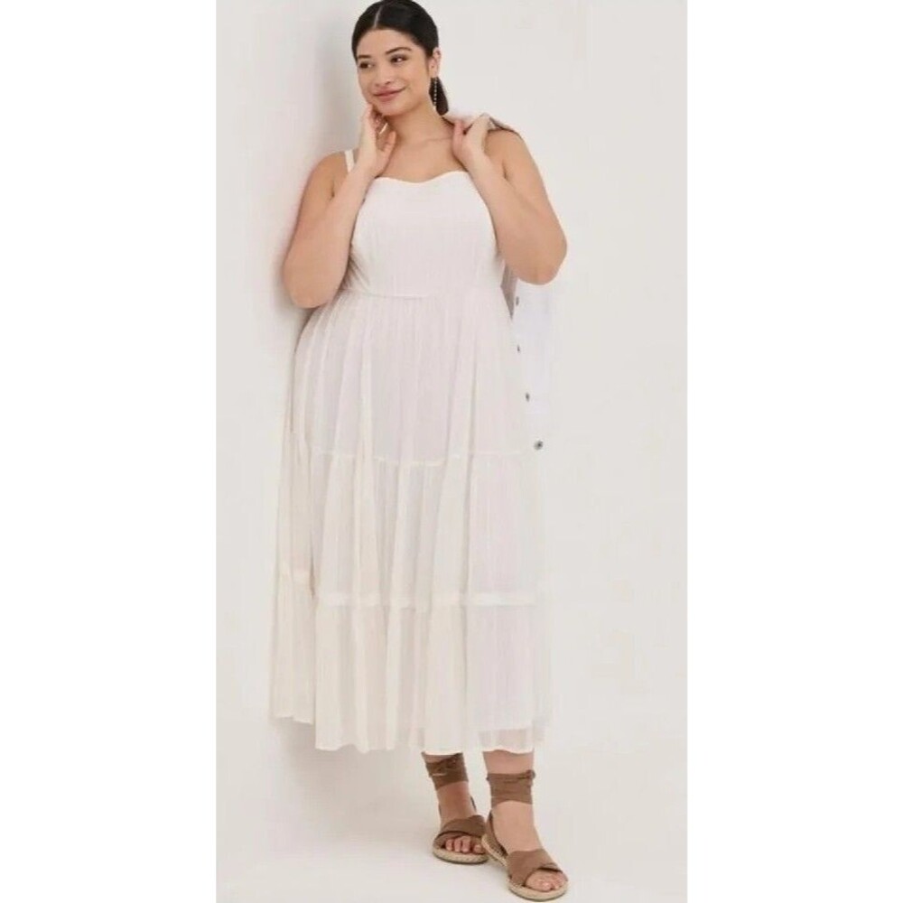 Torrid 00 White Maxi Chiffon Lurex Tiered Dress Gold Pinstripes Medium